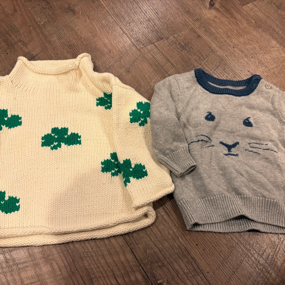 Charming Kids Sweater Set - Cream with Green Clovers and grey with blue bunny